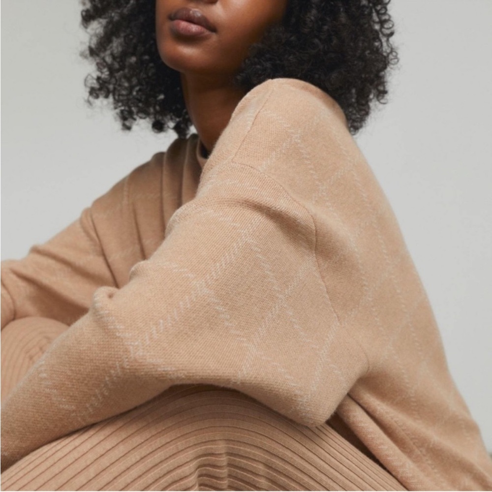 NEW LARGE LUNYA COTTON SILK CREWNECK WINDOWPANE SWEATER IN NUTMEG
